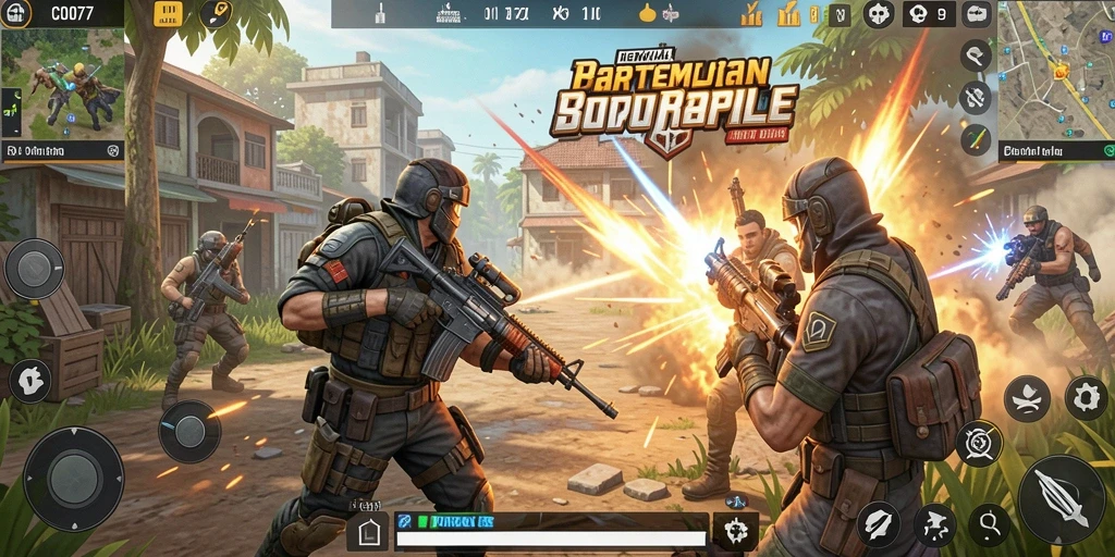 Gameplay C0077 yang intens dan penuh aksi Battle Royale.
