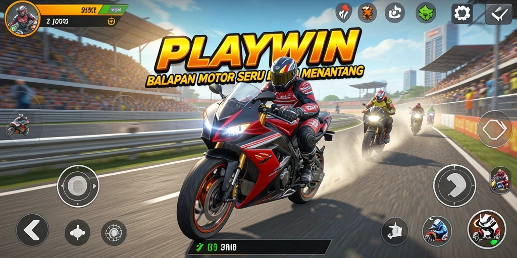 Tampilan gameplay seru di PLAYWIN saat balapan motor.